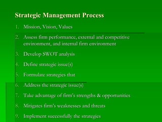 Strategic Management Process
1. Mission, Vision, Values
2. Assess firm performance, external and competitive
environment, and internal firm environment
3. Develop SWOT analysis
4. Define strategic issue(s)
5. Formulate strategies that
6. Address the strategic issue(s)
7. Take advantage of firm’s strengths & opportunities
8. Mitigates firm’s weaknesses and threats
9. Implement successfully the strategies
 