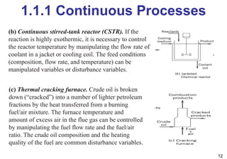 1.1.1 Continuous Processes
12
(b) Continuous stirred-tank reactor (CSTR). If the
reaction is highly exothermic, it is necessary to control
the reactor temperature by manipulating the flow rate of
coolant in a jacket or cooling coil. The feed conditions
(composition, flow rate, and temperature) can be
manipulated variables or disturbance variables.
(c) Thermal cracking furnace. Crude oil is broken
down (“cracked”) into a number of lighter petroleum
fractions by the heat transferred from a burning
fuel/air mixture. The furnace temperature and
amount of excess air in the flue gas can be controlled
by manipulating the fuel flow rate and the fuel/air
ratio. The crude oil composition and the heating
quality of the fuel are common disturbance variables.
 