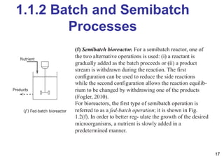1.1.2 Batch and Semibatch
Processes
17
(f) Semibatch bioreactor. For a semibatch reactor, one of
the two alternative operations is used: (i) a reactant is
gradually added as the batch proceeds or (ii) a product
stream is withdrawn during the reaction. The first
configuration can be used to reduce the side reactions
while the second configuration allows the reaction equilib-
rium to be changed by withdrawing one of the products
(Fogler, 2010).
For bioreactors, the first type of semibatch operation is
referred to as a fed-batch operation; it is shown in Fig.
1.2(f). In order to better reg- ulate the growth of the desired
microorganisms, a nutrient is slowly added in a
predetermined manner.
 