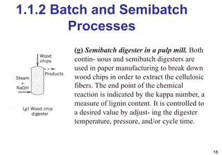 1.1.2 Batch and Semibatch
Processes
18
(g) Semibatch digester in a pulp mill. Both
contin- uous and semibatch digesters are
used in paper manufacturing to break down
wood chips in order to extract the cellulosic
fibers. The end point of the chemical
reaction is indicated by the kappa number, a
measure of lignin content. It is controlled to
a desired value by adjust- ing the digester
temperature, pressure, and/or cycle time.
 