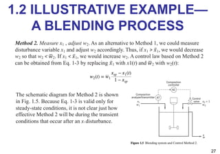 1.2 ILLUSTRATIVE EXAMPLE—
A BLENDING PROCESS
27
Method 2. Measure x1 , adjust w2. As an alternative to Method 1, we could measure
disturbance variable x1 and adjust w2 accordingly. Thus, if x1 > ̅
𝑥1, we would decrease
w2 so that w2 < #
𝑤2. If x1 < ̅
𝑥1, we would increase w2. A control law based on Method 2
can be obtained from Eq. 1-3 by replacing ̅
𝑥1 with x1(t) and #
𝑤2 with w2(t):
The schematic diagram for Method 2 is shown
in Fig. 1.5. Because Eq. 1-3 is valid only for
steady-state conditions, it is not clear just how
effective Method 2 will be during the transient
conditions that occur after an x1 disturbance.
 