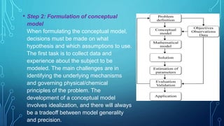 • Step 2: Formulation of conceptual
model
When formulating the conceptual model,
decisions must be made on what
hypothesis and which assumptions to use.
The first task is to collect data and
experience about the subject to be
modeled. The main challenges are in
identifying the underlying mechanisms
and governing physical/chemical
principles of the problem. The
development of a conceptual model
involves idealization, and there will always
be a tradeoff between model generality
and precision.
 