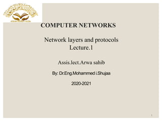1
COMPUTER NETWORKS
Network layers and protocols
Lecture.1
Assis.lect.Arwa sahib
By: Dr.Eng.Mohammed i.Shujaa
2020-2021
 