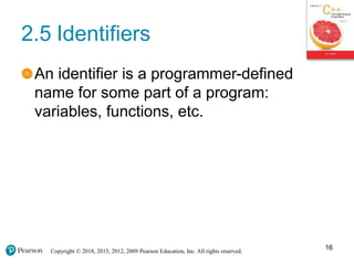Copyright © 2018, 2015, 2012, 2009 Pearson Education, Inc. All rights reserved.
2.5 Identifiers
An identifier is a programmer-defined
name for some part of a program:
variables, functions, etc.
16
 