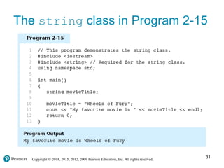 Copyright © 2018, 2015, 2012, 2009 Pearson Education, Inc. All rights reserved.
The string class in Program 2-15
31
 