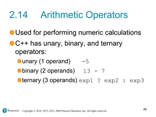 Copyright © 2018, 2015, 2012, 2009 Pearson Education, Inc. All rights reserved.
2.14 Arithmetic Operators
Used for performing numeric calculations
C++ has unary, binary, and ternary
operators:
unary (1 operand) -5
binary (2 operands) 13 - 7
ternary (3 operands) exp1 ? exp2 : exp3
46
 