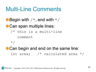 Copyright © 2018, 2015, 2012, 2009 Pearson Education, Inc. All rights reserved.
Multi-Line Comments
Begin with /*, end with */
Can span multiple lines:
/* this is a multi-line
comment
*/
Can begin and end on the same line:
int area; /* calculated area */
53
 