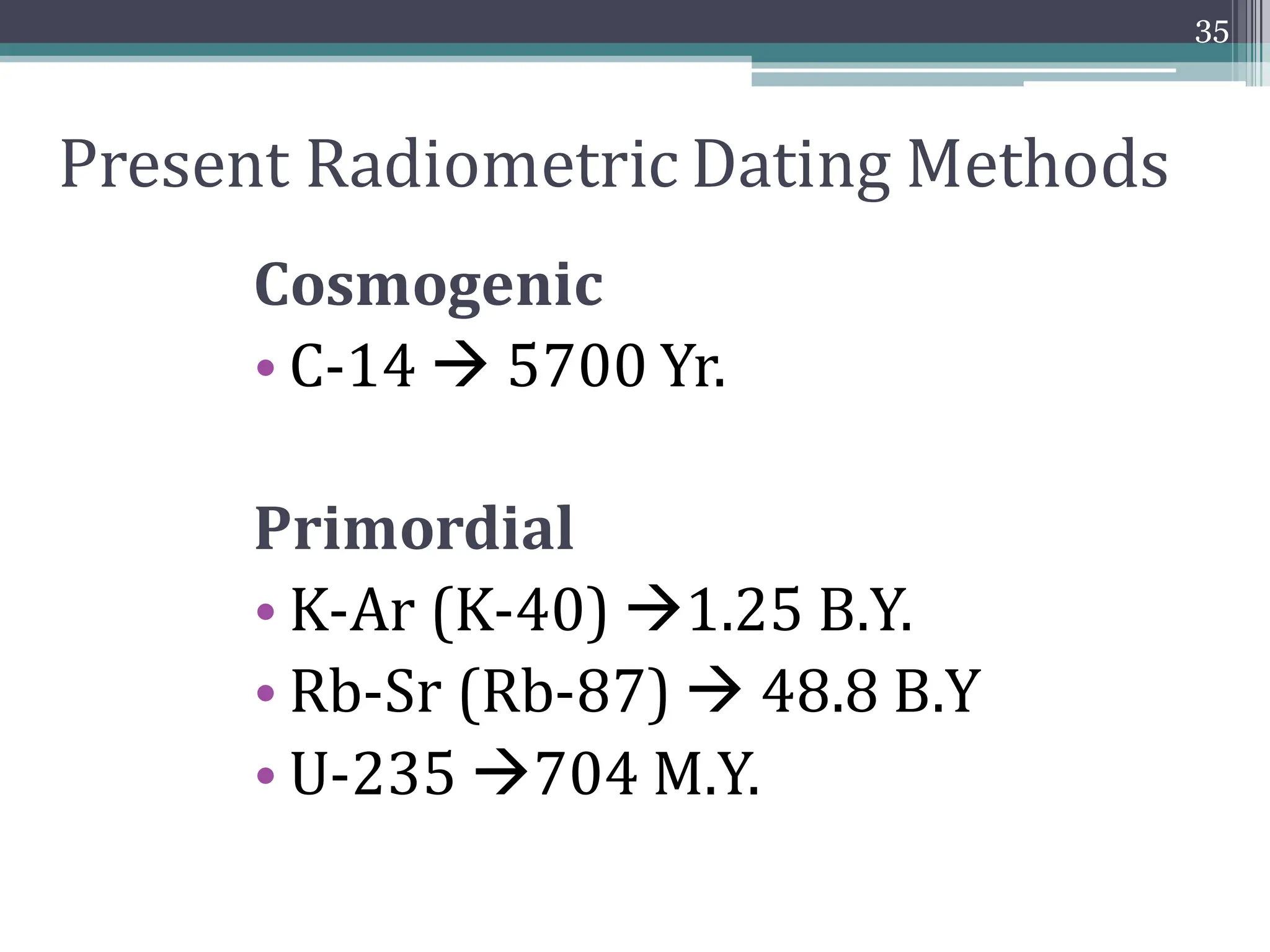 Present Radiometric Dating Methods
Cosmogenic
• C-14 → 5700 Yr.
Primordial
• K-Ar (K-40) →1.25 B.Y.
• Rb-Sr (Rb-87) → 48.8 B.Y
• U-235 →704 M.Y.
35
 