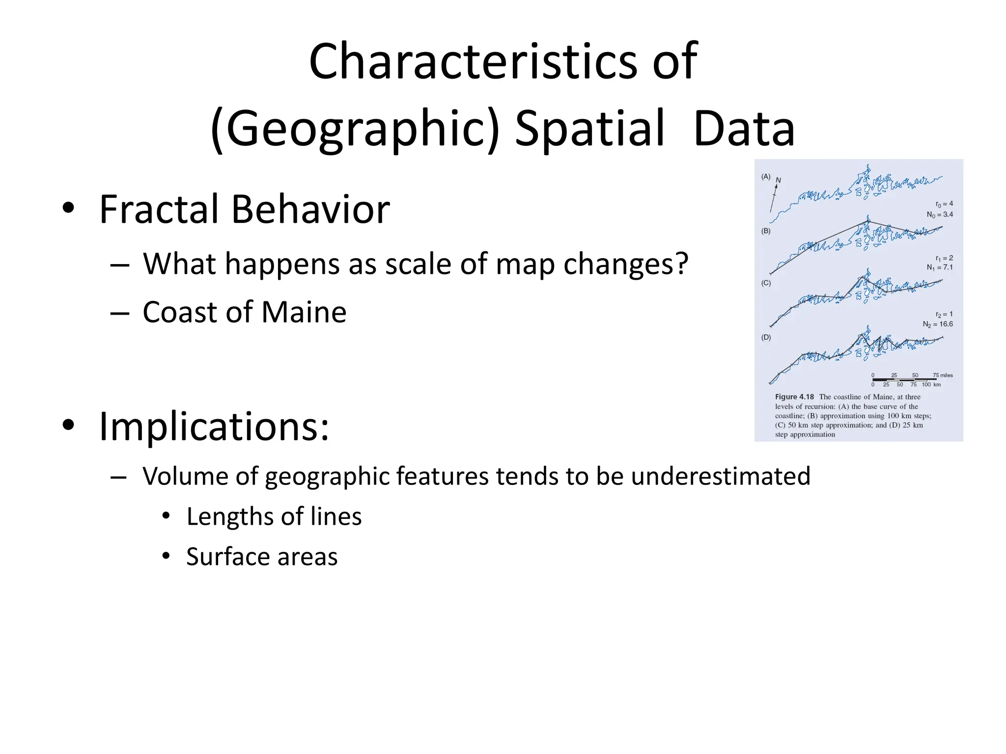 Characteristics of
(Geographic) Spatial Data
• Fractal Behavior
– What happens as scale of map changes?
– Coast of Maine
• Implications:
– Volume of geographic features tends to be underestimated
• Lengths of lines
• Surface areas
 