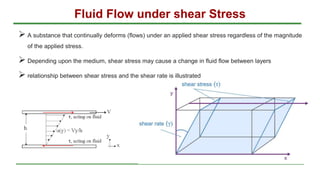 Fluid Flow under shear Stress
 A substance that continually deforms (flows) under an applied shear stress regardless of the magnitude
of the applied stress.
 Depending upon the medium, shear stress may cause a change in fluid flow between layers
 relationship between shear stress and the shear rate is illustrated
 