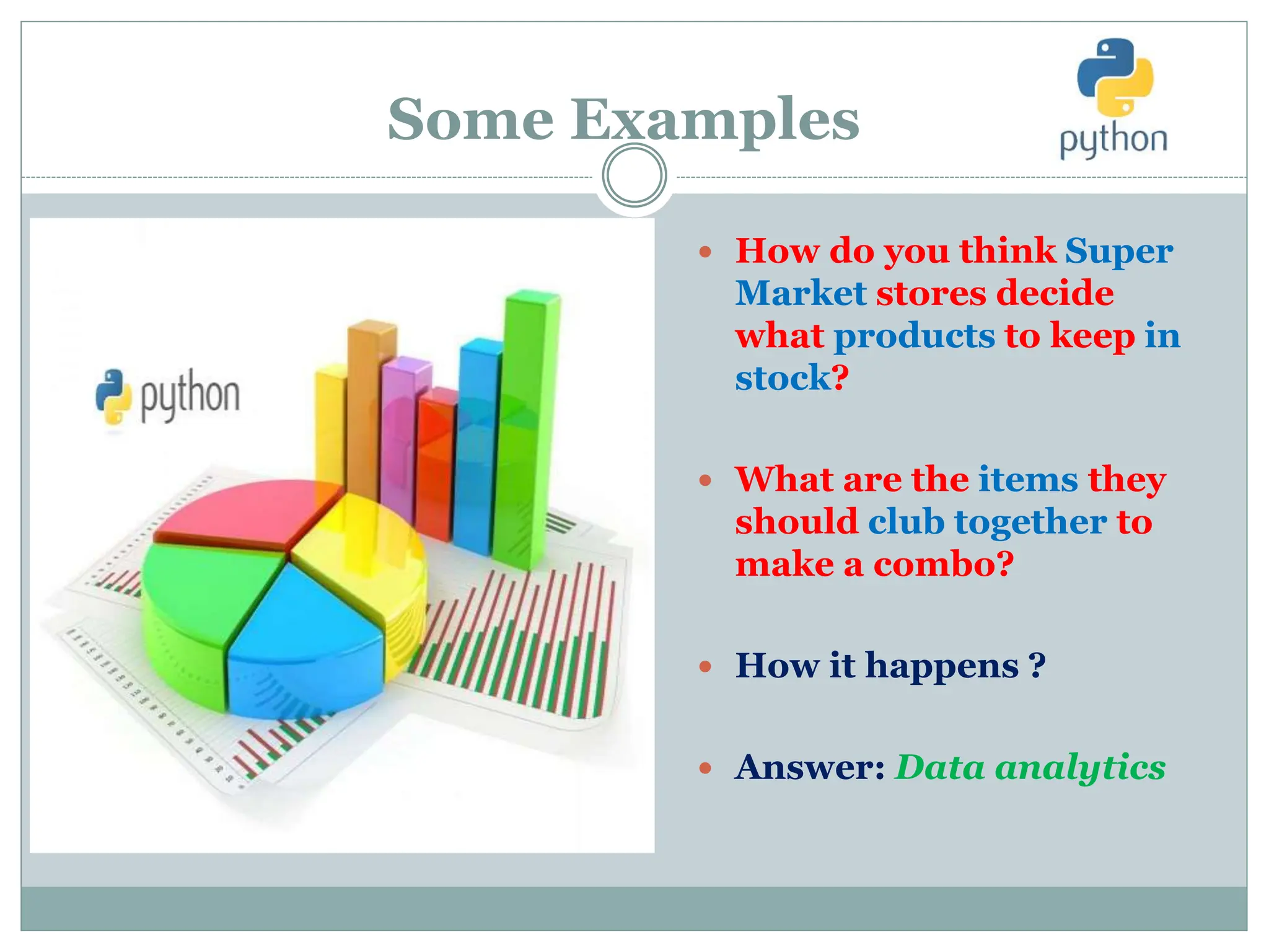 Some Examples
 How do you think Super
Market stores decide
what products to keep in
stock?
 What are the items they
should club together to
make a combo?
 How it happens ?
 Answer: Data analytics
 