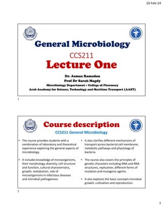 10-Feb-24
1
General Microbiology
Dr. Asmaa Ramadan
Prof Dr Sarah Magdy
Microbiology Department – College of Pharmacy
Arab Academy for Science, Technology and Maritime Transport (AAST)
CCS211
Lecture One
Course description
CCS211 General Microbiology
• The course provides students with a
combination of laboratory and theoretical
experience exploring the general aspects of
microbiology.
• It includes knowledge of microorganisms,
their morphology, diversity, cell structure
and function, cultural characteristics,
growth, metabolism, role of
microorganisms in infectious diseases
and microbial pathogenesis.
• It also clarifies different mechanisms of
transport across bacterial cell membrane,
metabolic pathways and physiology of
bacteria.
• The course also covers the principles of
genetic characters including DNA and RNA
structures, replication, different forms of
mutation and mutagenic agents.
• It also explores the basic concepts microbial
growth, cultivation and reproduction.
1
2
 