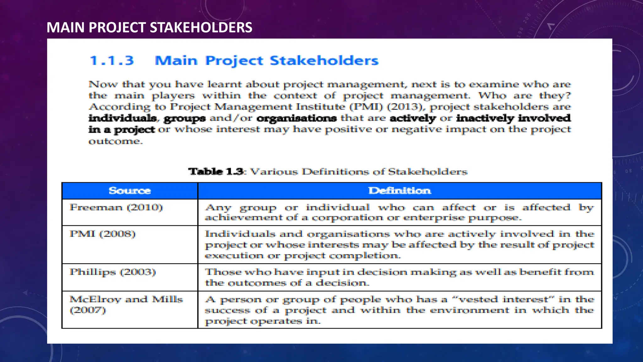 MAIN PROJECT STAKEHOLDERS
 