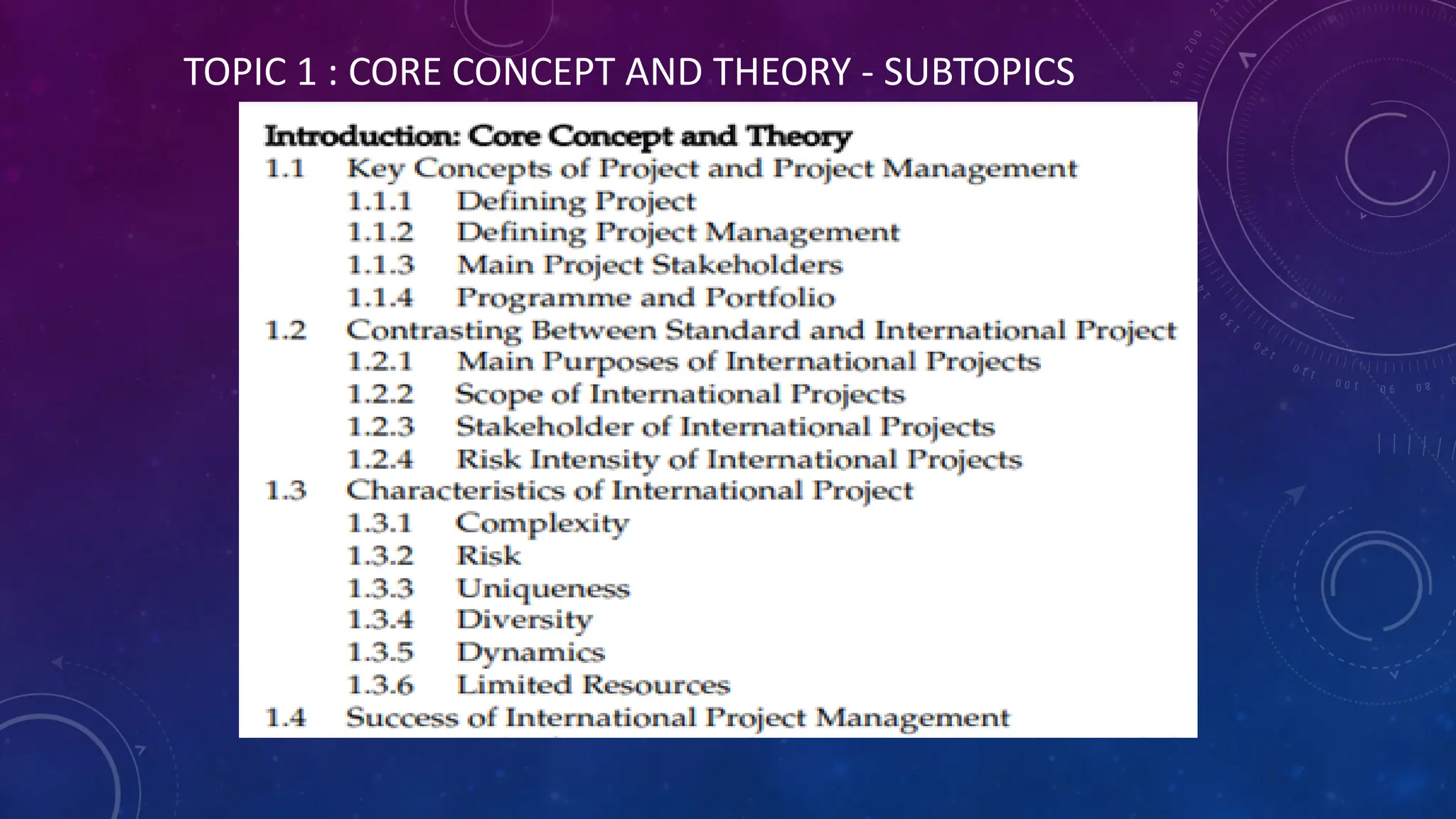TOPIC 1 : CORE CONCEPT AND THEORY - SUBTOPICS
 