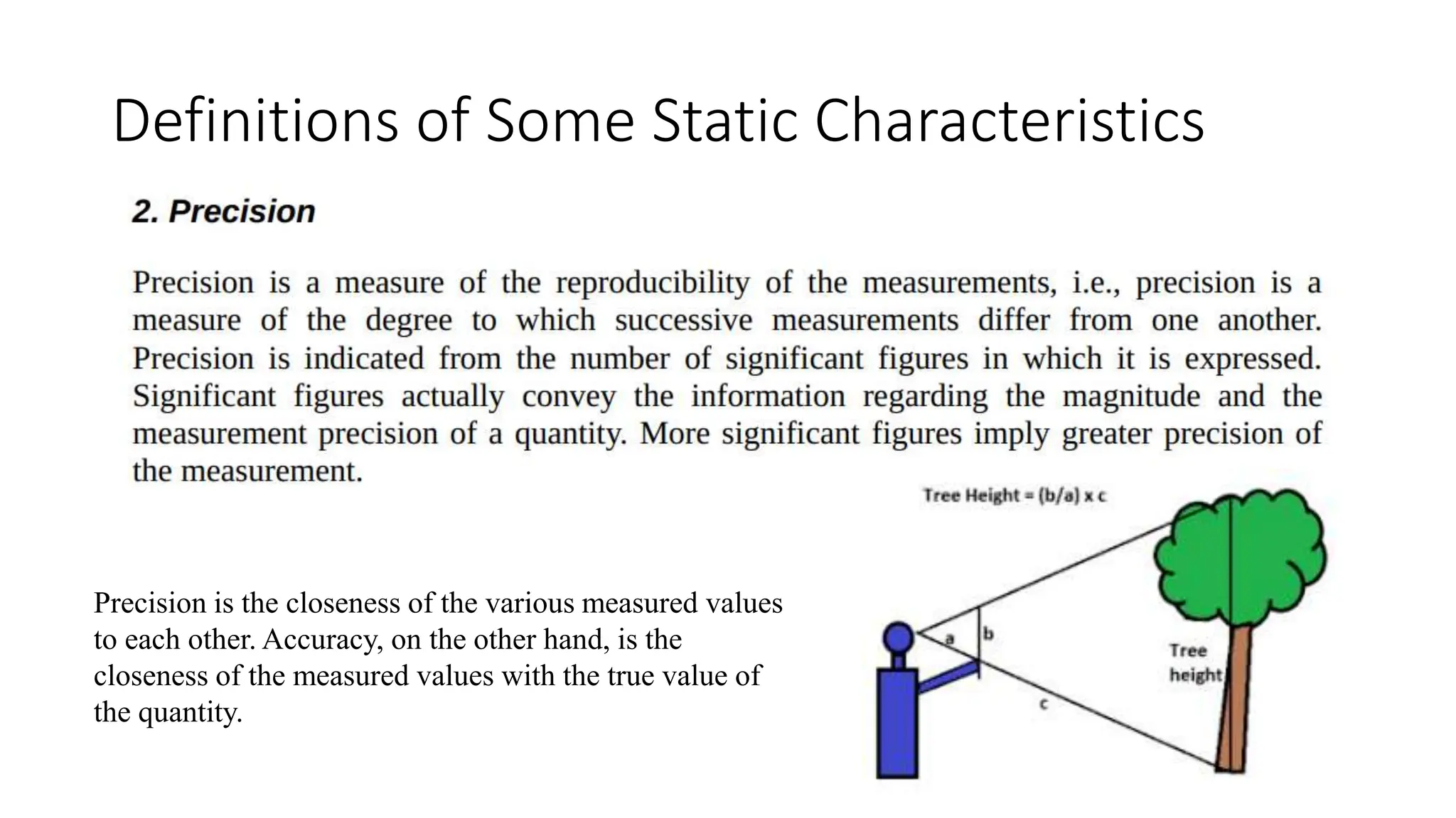 Definitions of Some Static Characteristics
Precision is the closeness of the various measured values
to each other. Accuracy, on the other hand, is the
closeness of the measured values with the true value of
the quantity.
 