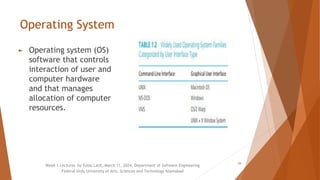 Operating System
► Operating system (OS)
software that controls
interaction of user and
computer hardware
and that manages
allocation of computer
resources.
Week 1 Lectures by Faiza Latif, March 11, 2024, Department of Software Engineering
Federal Urdu University of Arts, Sciences and Technology Islamabad
26
 