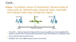 Cont..
❖Noise ~is another cause of impairment. Several types of
noise such as thermal noise, induced noise, cross-talk,
and impulse noise may corrupt the signal.
o Crosstalk ~ whentwochannelsarebeingusedbytwopersonsandtheyareclosedenoughthat they
interferewitheachother.Toseparatethem,guardbandisused.Thisinterferenceisclassifiedasnoise.
o Looseconnectionalsoaccountsto noise.
o Sunlightisalsoanoise(differenttypesofwavesareinvolved).
 