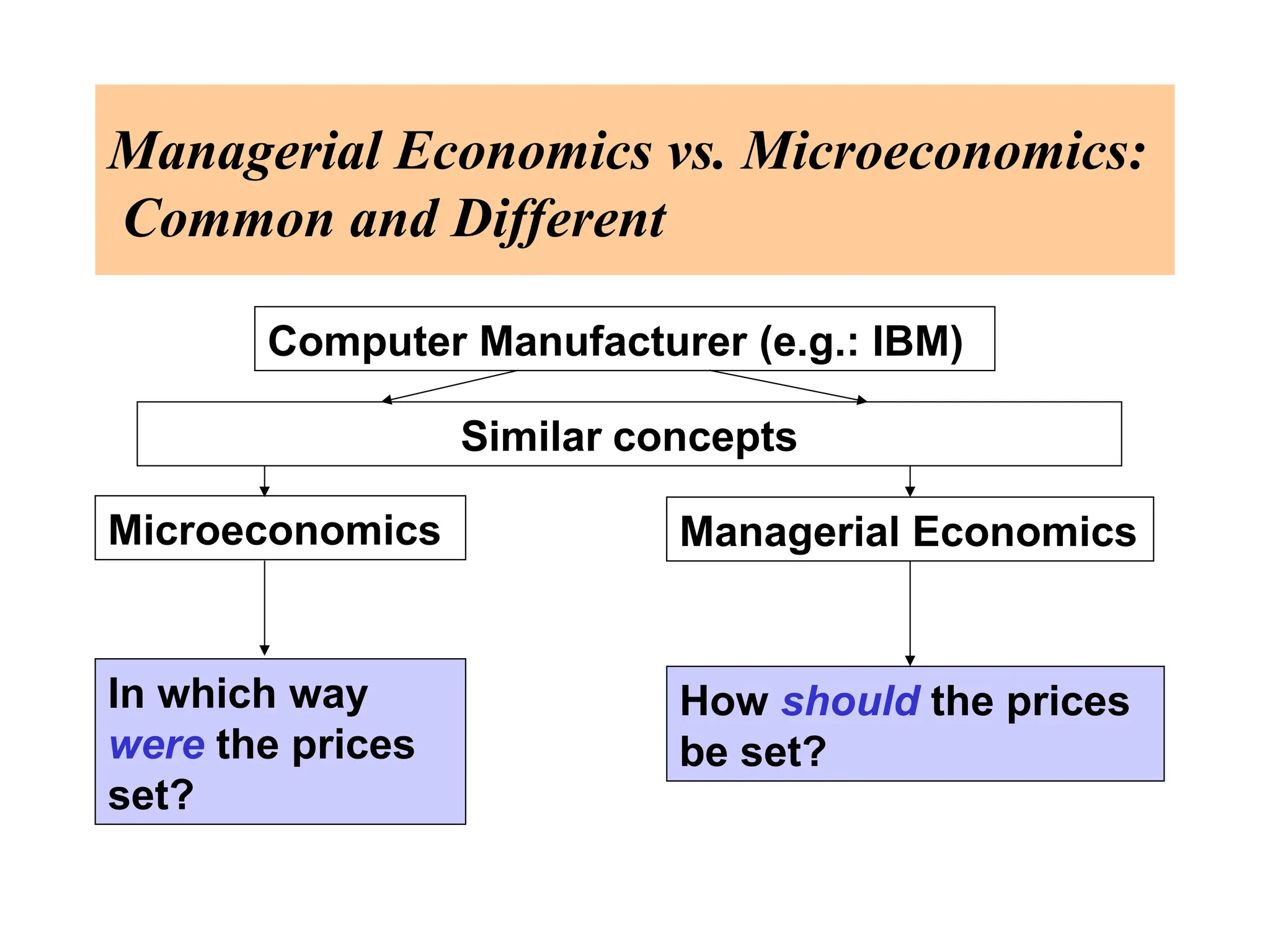 Managerial Economics vs. Microeconomics:
Common and Different
Microeconomics Managerial Economics
How should the prices
be set?
In which way
were the prices
set?
Computer Manufacturer (e.g.: IBM)
Similar concepts
 