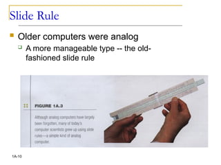 Slide Rule
 Older computers were analog
 A more manageable type -- the old-
fashioned slide rule
1A-10
 