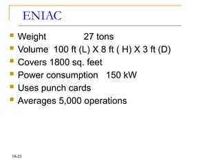 ENIAC
 Weight 27 tons
 Volume 100 ft (L) X 8 ft ( H) X 3 ft (D)
 Covers 1800 sq. feet
 Power consumption 150 kW
 Uses punch cards
 Averages 5,000 operations
1A-23
 