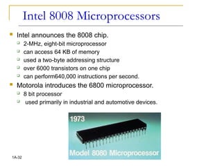 Intel 8008 Microprocessors
 Intel announces the 8008 chip.
 2-MHz, eight-bit microprocessor
 can access 64 KB of memory
 used a two-byte addressing structure
 over 6000 transistors on one chip
 can perform640,000 instructions per second.
 Motorola introduces the 6800 microprocessor.
 8 bit processor
 used primarily in industrial and automotive devices.
1A-32
 