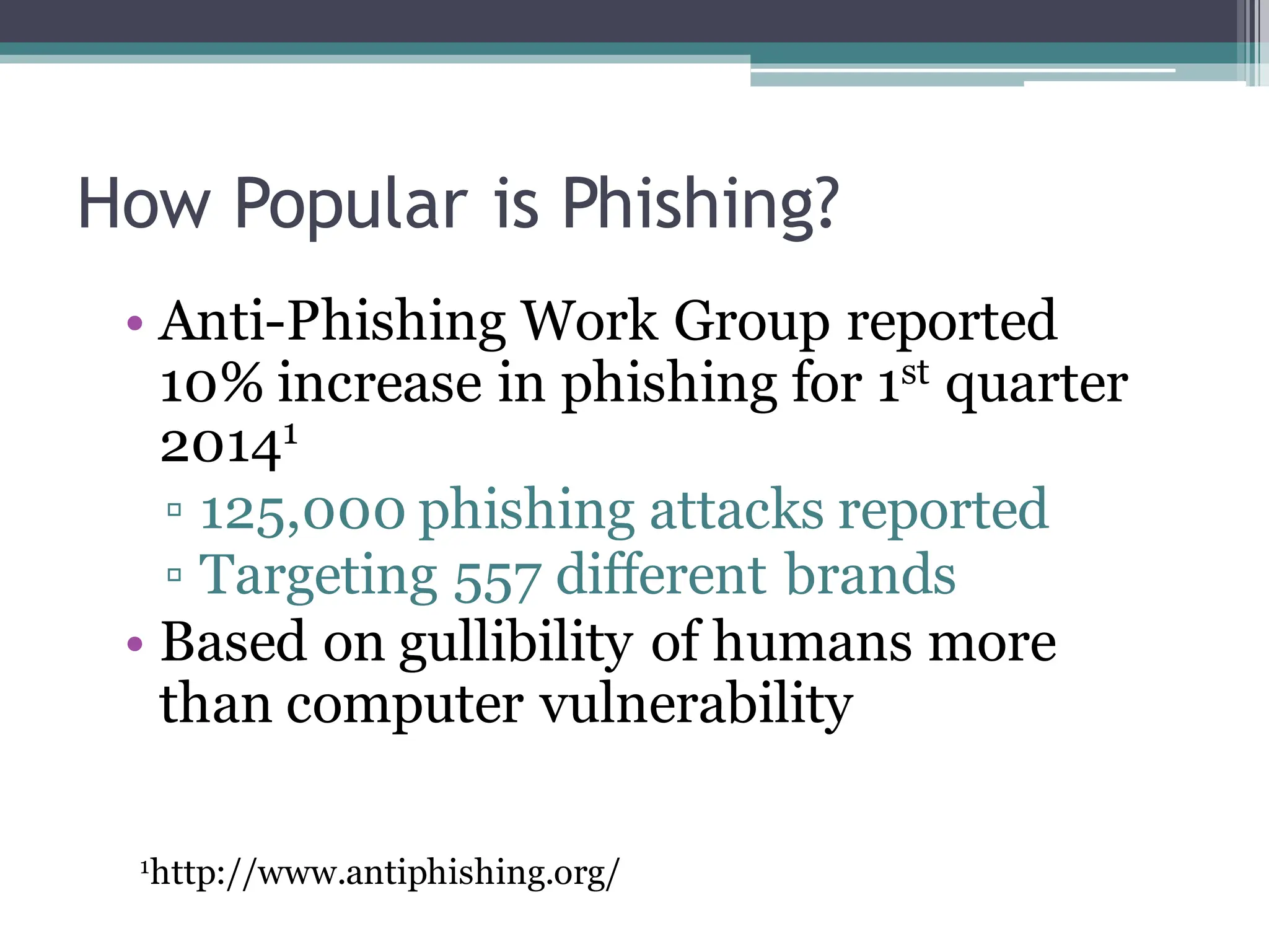 How Popular is Phishing?
• Anti-Phishing Work Group reported
10% increase in phishing for 1st quarter
20141
▫ 125,000 phishing attacks reported
▫ Targeting 557 different brands
• Based on gullibility of humans more
than computer vulnerability
1http://www.antiphishing.org/
 
