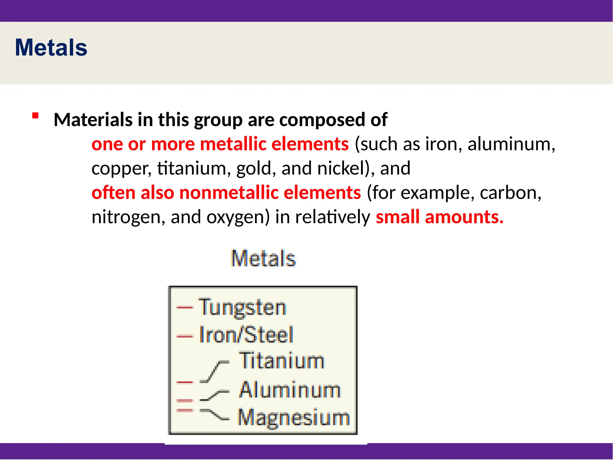 Metals
 Materials in this group are composed of
one or more metallic elements (such as iron, aluminum,
copper, titanium, gold, and nickel), and
often also nonmetallic elements (for example, carbon,
nitrogen, and oxygen) in relatively small amounts.
 