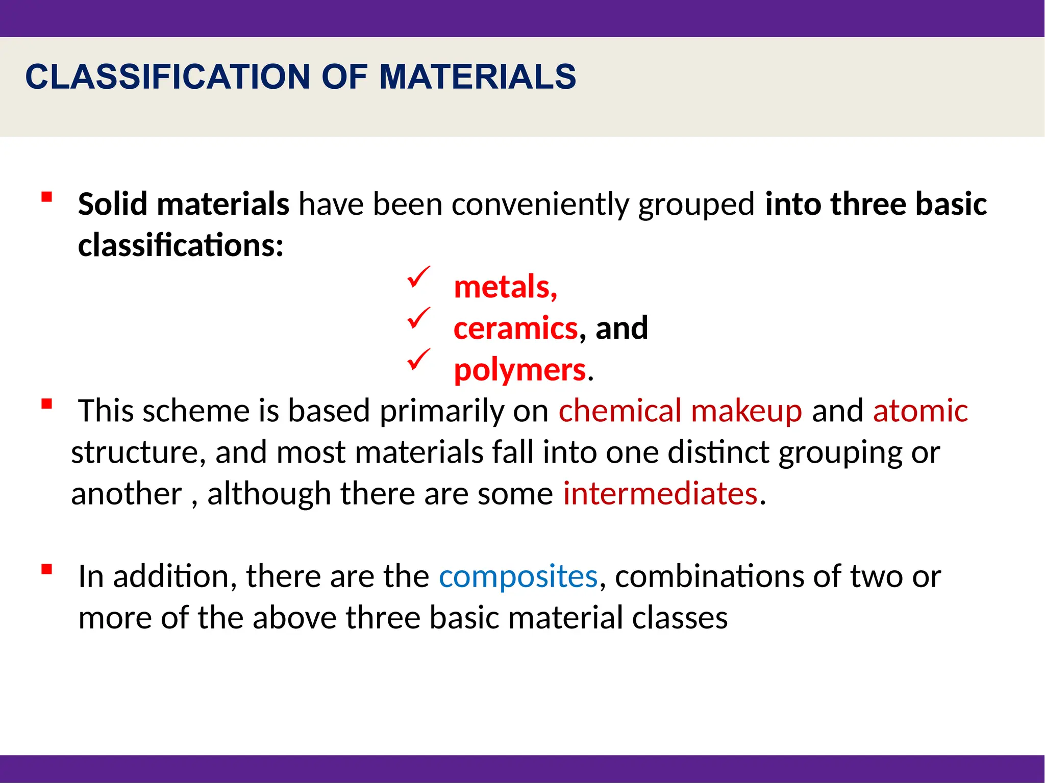 CLASSIFICATION OF MATERIALS
 Solid materials have been conveniently grouped into three basic
classifications:
 metals,
 ceramics, and
 polymers.
 This scheme is based primarily on chemical makeup and atomic
structure, and most materials fall into one distinct grouping or
another , although there are some intermediates.
 In addition, there are the composites, combinations of two or
more of the above three basic material classes
 
