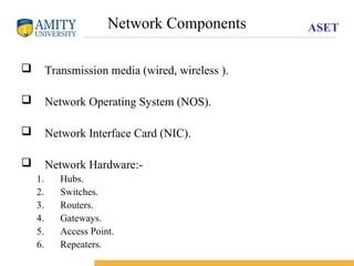 ASET
Network Components
 Transmission media (wired, wireless ).
 Network Operating System (NOS).
 Network Interface Card (NIC).
 Network Hardware:-
1. Hubs.
2. Switches.
3. Routers.
4. Gateways.
5. Access Point.
6. Repeaters.
 