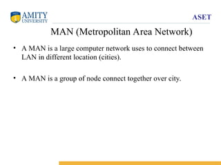 ASET
MAN (Metropolitan Area Network)
• A MAN is a large computer network uses to connect between
LAN in different location (cities).
• A MAN is a group of node connect together over city.
 