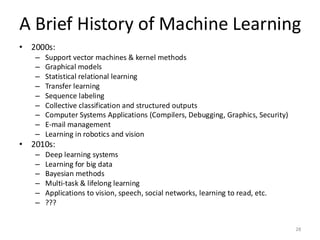 A Brief History of Machine Learning
28
• 2000s:
– Support vector machines & kernel methods
– Graphical models
– Statistical relational learning
– Transfer learning
– Sequence labeling
– Collective classification and structured outputs
– Computer Systems Applications (Compilers, Debugging, Graphics, Security)
– E-mail management
– Learning in robotics and vision
• 2010s:
– Deep learning systems
– Learning for big data
– Bayesian methods
– Multi-task & lifelong learning
– Applications to vision, speech, social networks, learning to read, etc.
– ???
 