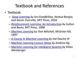 Textbook and References
• Textbook
– Deep Learning by Ian Goodfellow, Yoshua Bengio,
and Aaron Courville, MIT Press, 2016
– Reinforcement Learning: An Introduction by Sutton
and Barto, MIT Press, 1998
– Machine Learning by Tom Mitchell, McGraw Hill,
1997
– A Course in Machine Learning by Hal Daume III
– Machine Learning Lecture Notes by Andrew Ng
– Machine Learning for Intelligent Systems by Kilian
Weinberger
7
 