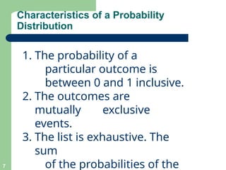 Characteristics of a Probability
Distribution
7
1. The probability of a
particular outcome is
between 0 and 1 inclusive.
2. The outcomes are
mutually exclusive
events.
3. The list is exhaustive. The
sum
of the probabilities of the
 