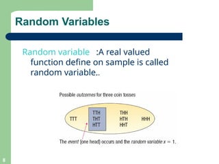 Random Variables
Random variable :A real valued
function define on sample is called
random variable..
8
 