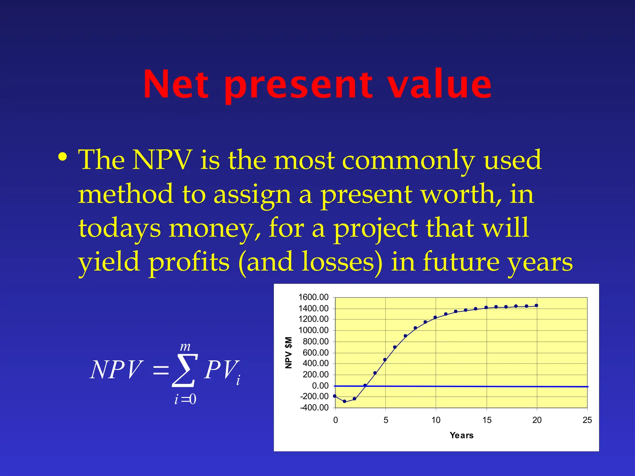 Net present value
-400.00
-200.00
0.00
200.00
400.00
600.00
800.00
1000.00
1200.00
1400.00
1600.00
0 5 10 15 20 25
Years
NPV
$M
• The NPV is the most commonly used
method to assign a present worth, in
todays money, for a project that will
yield profits (and losses) in future years



m
i
i
PV
NPV
0
 
