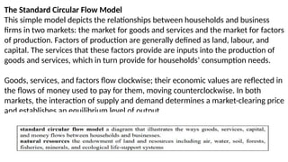 The Standard Circular Flow Model
This simple model depicts the relationships between households and business
firms in two markets: the market for goods and services and the market for factors
of production. Factors of production are generally defined as land, labour, and
capital. The services that these factors provide are inputs into the production of
goods and services, which in turn provide for households’ consumption needs.
Goods, services, and factors flow clockwise; their economic values are reflected in
the flows of money used to pay for them, moving counterclockwise. In both
markets, the interaction of supply and demand determines a market-clearing price
and establishes an equilibrium level of output.
 