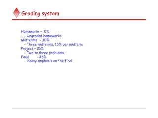 Grading system
Homeworks – 0%
- Ungraded homeworks.
Midterms - 30%
- Three midterms, 15% per midterm
Project – 25%
- Two to three problems.
Final - 45%
- Heavy emphasis on the final
 
