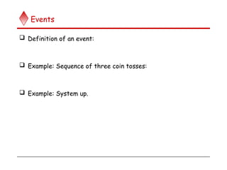 Events
 Definition of an event:
 Example: Sequence of three coin tosses:
 Example: System up.
 