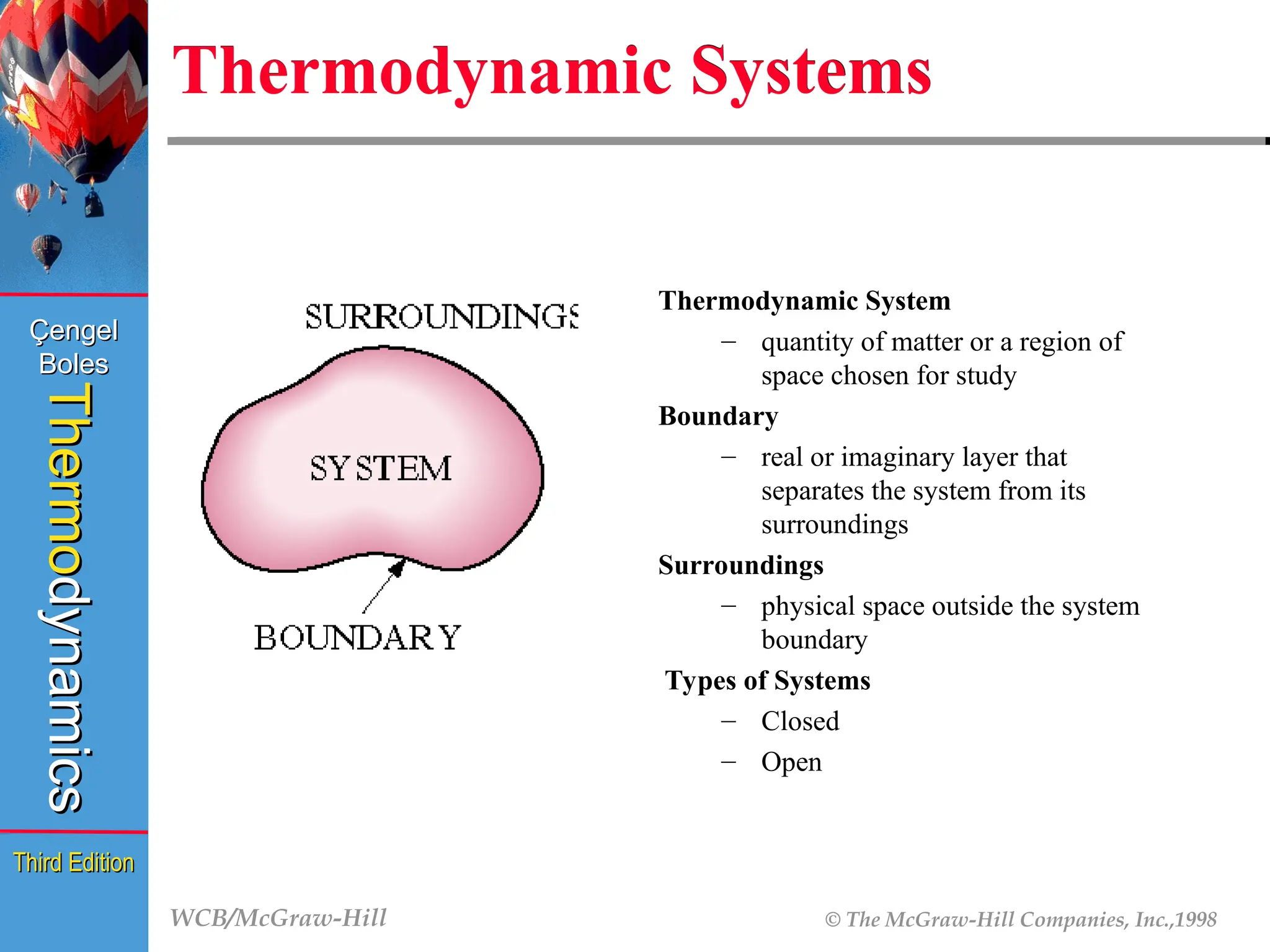 WCB/McGraw-Hill © The McGraw-Hill Companies, Inc.,1998
Thermo
Thermo
dynamics
dynamics
Çengel
Çengel
Boles
Boles
Third Edition
Third Edition
Thermodynamic Systems
Thermodynamic System
– quantity of matter or a region of
space chosen for study
Boundary
– real or imaginary layer that
separates the system from its
surroundings
Surroundings
– physical space outside the system
boundary
Types of Systems
– Closed
– Open
 