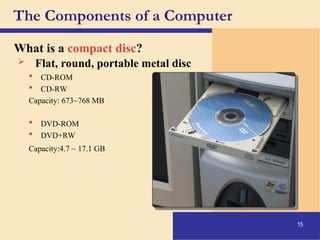 15
The Components of a Computer
What is a compact disc?
 Flat, round, portable metal disc
 CD-ROM
 CD-RW
Capacity: 673~768 MB
 DVD-ROM
 DVD+RW
Capacity:4.7 ~ 17.1 GB
 