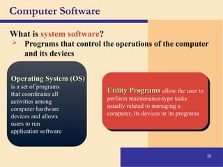 20
Computer Software
What is system software?
Operating System (OS)
Operating System (OS)
is a set of programs
that coordinates all
activities among
computer hardware
devices and allows
users to run
application software
Utility Programs
Utility Programs allow the user to
perform maintenance-type tasks
usually related to managing a
computer, its devices or its programs
 Programs that control the operations of the computer
and its devices
 