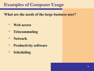 35
Examples of Computer Usage
What are the needs of the large business user?
 Web access
 Telecommuting
 Network
 Productivity software
 Scheduling
 