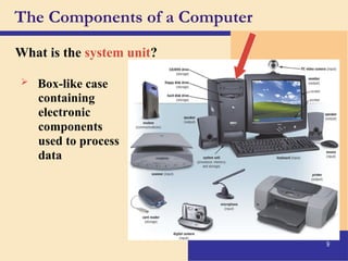 9
The Components of a Computer
What is the system unit?
 Box-like case
containing
electronic
components
used to process
data
 