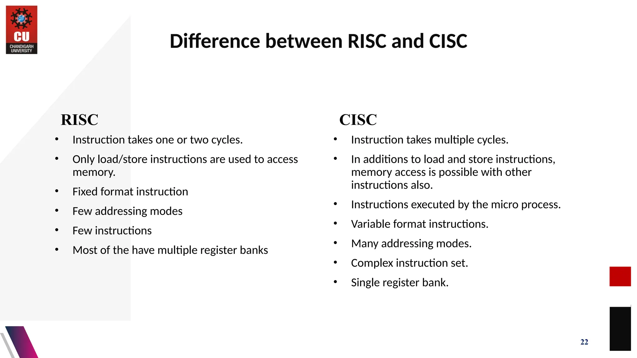 Difference between RISC and CISC
RISC
• Instruction takes one or two cycles.
• Only load/store instructions are used to access
memory.
• Fixed format instruction
• Few addressing modes
• Few instructions
• Most of the have multiple register banks
CISC
• Instruction takes multiple cycles.
• In additions to load and store instructions,
memory access is possible with other
instructions also.
• Instructions executed by the micro process.
• Variable format instructions.
• Many addressing modes.
• Complex instruction set.
• Single register bank.
22
 
