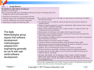 Chapter 1 Copyright © 2017 Pearson Education, Ltd. 1-25
The Agile
Methodologies group
argues that software
development
methodologies
adapted from
engineering generally
do not fit with real-
world software
development.
 