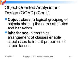 Chapter 1 Copyright © 2017 Pearson Education, Ltd. 1-31
Object-Oriented Analysis and
Design (OOAD) (Cont.)
 Object class: a logical grouping of
objects sharing the same attributes
and behaviors
 Inheritance: hierarchical
arrangement of classes enable
subclasses to inherit properties of
superclasses
 