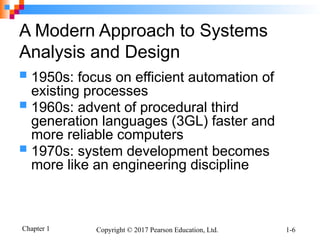 Chapter 1 Copyright © 2017 Pearson Education, Ltd. 1-6
A Modern Approach to Systems
Analysis and Design
 1950s: focus on efficient automation of
existing processes
 1960s: advent of procedural third
generation languages (3GL) faster and
more reliable computers
 1970s: system development becomes
more like an engineering discipline
 