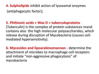 4. Sulpholipids inhibit action of lysosomal enzymes
(antiphagocytic factor);
5. Phthionic acids + Wax D + tuberculoproteins
(Tuberculin) is the complex of protein substances mand
contains also the high molecular polysaccharides, which
release during disruption of Mycobacteria (causes cell-
mediated hypersensitivity).
6. Mycosides and lipoarabinomannan - determine the
attachment of microbes to macrophage cell receptors
and initiate “non-aggressive phagocytosis” of
mycobacteria
 