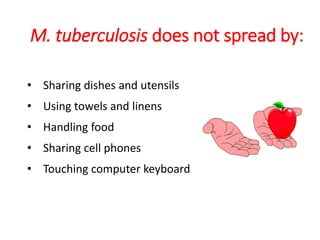 M. tuberculosis does not spread by:
• Sharing dishes and utensils
• Using towels and linens
• Handling food
• Sharing cell phones
• Touching computer keyboard
 