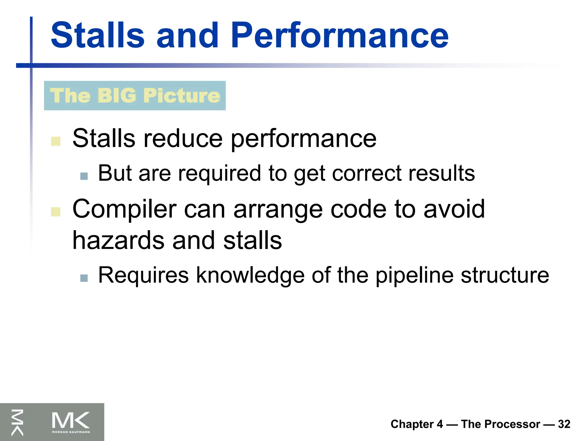 Chapter 4 — The Processor — 32
Stalls and Performance
 Stalls reduce performance
 But are required to get correct results
 Compiler can arrange code to avoid
hazards and stalls
 Requires knowledge of the pipeline structure
The BIG Picture
 
